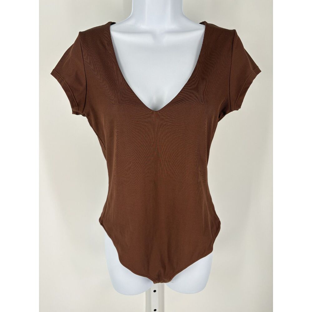 Free People Brown Ribbed Bodysuit | V-Neck Short Sleeve